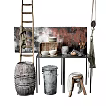 Rustic Vintage Interior Decor With Wooden Ladder Barrel Bucket Bowls And Stool