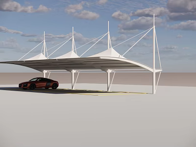 White Tensile Membrane Carport Structure With Red Car And White Pillars Under Blue Sky 3d model