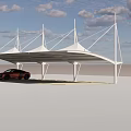 White Tensile Membrane Carport Structure With Red Car And White Pillars Under Blue Sky