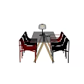 Modern Dining Table Set With Glass Top Wooden Legs Red Black Chairs And Table Lamp