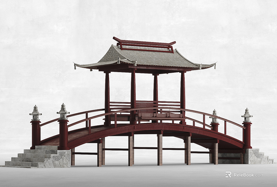 Chinese Traditional Red Bridge with Classic Pavilion Railing and Stone Lanterns 3d model 