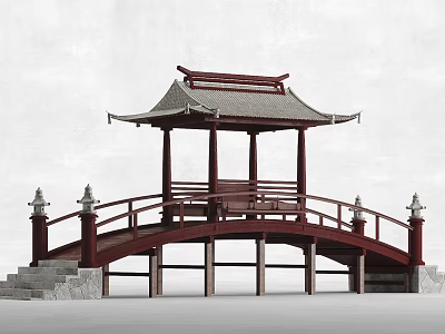 Chinese Traditional Red Bridge with Classic Pavilion Railing and Stone Lanterns 3d model