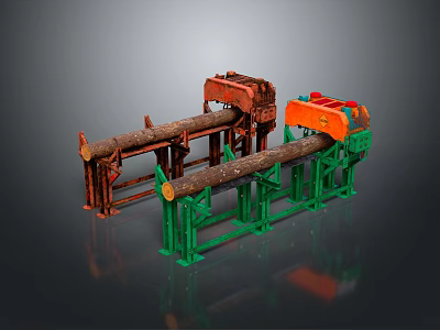 Industrial Wood Log Cutting Machine With Green Support And Red Cutting Mechanism 3d model