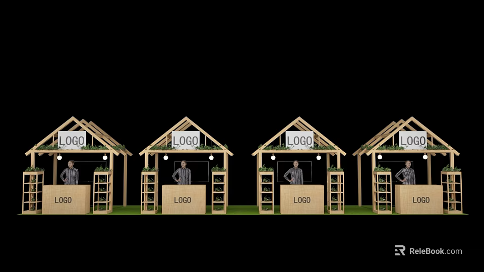 Hut Shaped Booths With LOGO Signs Human Figure Standee Ladders And Green Ground 3d model 