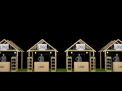 Hut Shaped Booths With LOGO Signs Human Figure Standee Ladders And Green Ground 3d model