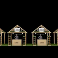 Hut Shaped Booths With LOGO Signs Human Figure Standee Ladders And Green Ground