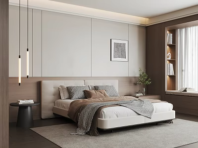 Elegant Modern Bedroom Interior With Upholstered Headboard Bed Knitted Blanket Pendant Lights And Minimalist Artwork 3d model