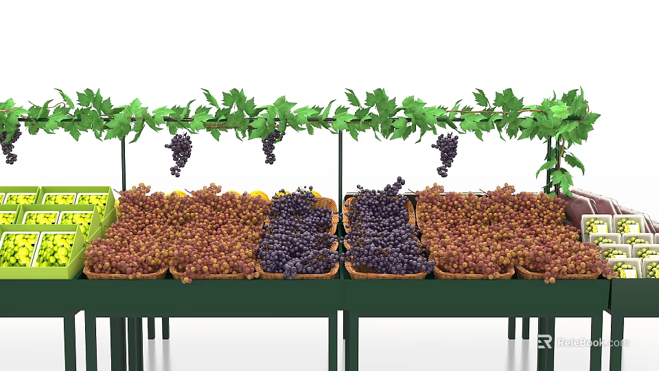 Fresh Colorful Grapes Displayed at Market Stall With Green Vines Leaves and Baskets 3d model 