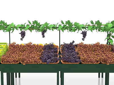 Fresh Colorful Grapes Displayed at Market Stall With Green Vines Leaves and Baskets 3d model