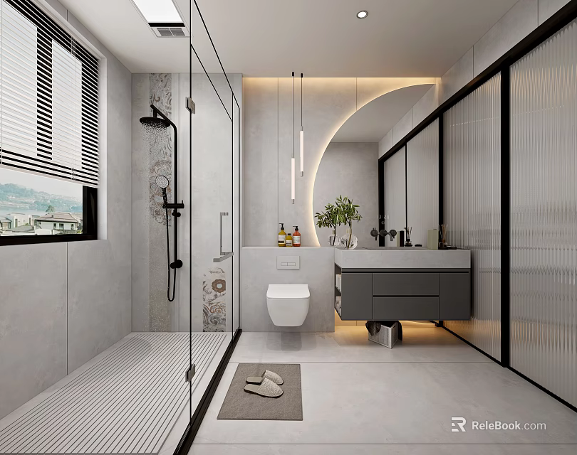 Modern Bathroom Interior with Glass Shower Wall Mounted Toilet Floating Vanity and Hanging Lights 3d model 