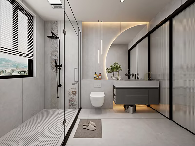 Modern Bathroom Interior with Glass Shower Wall Mounted Toilet Floating Vanity and Hanging Lights 3d model