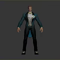 Man In Green Suit With White Shirt Yellow Bow Tie And Badge On Gray Background