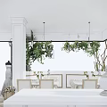 Elegant Restaurant Interior With Wooden Dining Tables White Chairs Green Plants And Chandeliers