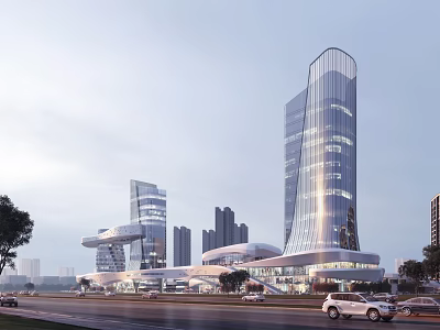 Modern Urban Commercial Street with Sleek High Rise Glass Buildings and Busy Roads with Vehicles 3d model