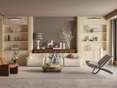 Neutral Toned Living Room With Beige Sofa Brown Armchair And Decorative Shelves 3d model