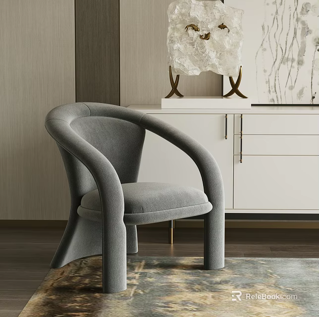 Gray Curved Armrest Accent Chair In Modern Interior With Cabinet And Decorative Objects 3d model 