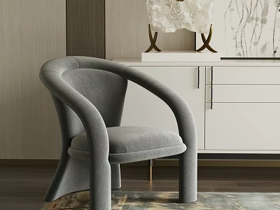 Gray Curved Armrest Accent Chair In Modern Interior With Cabinet And Decorative Objects 3d model