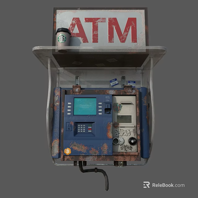 Public Facility Outdoor ATM Machine With Rusted Blue Panel Screen Keypad And Card Slot 3d model 