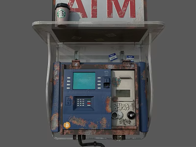 Public Facility Outdoor ATM Machine With Rusted Blue Panel Screen Keypad And Card Slot 3d model