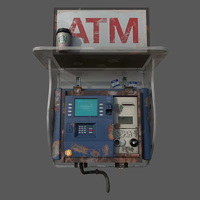 Public Facility Outdoor ATM Machine With Rusted Blue Panel Screen Keypad And Card Slot 3d model