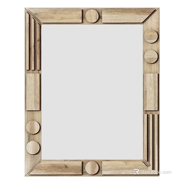 Modern Wooden Frame Wall Mirror With Geometric Decor And Circular Accents 3d model 