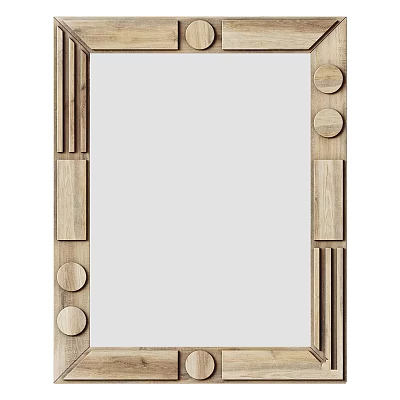 Modern Wooden Frame Wall Mirror With Geometric Decor And Circular Accents 3d model
