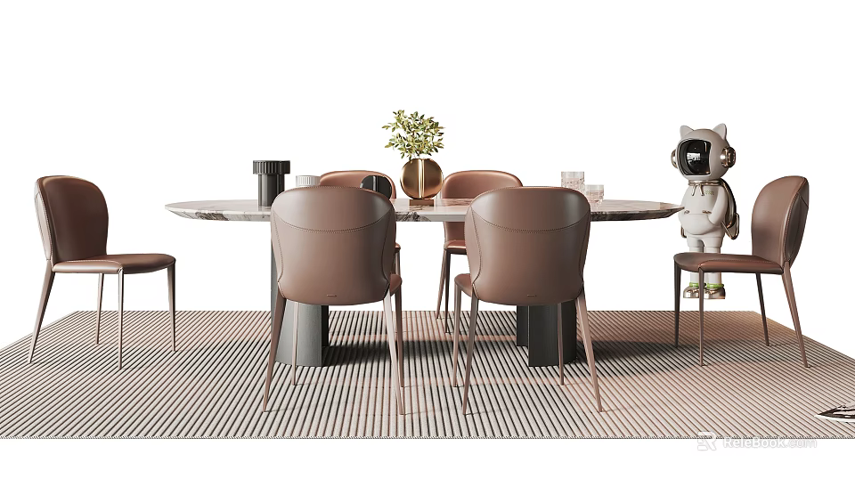 Modern Round Dining Table Set With Brown Chairs And Decorative Vase 3d model