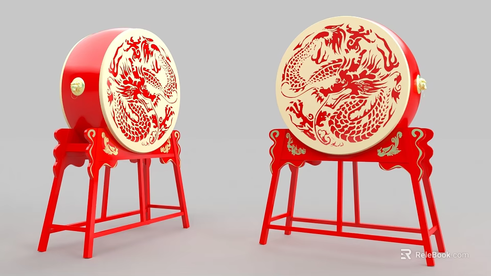 Red Drums With Dragon Patterns On Red Stands As Traditional Starting Devices 3d model
