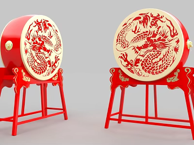 Red Drums With Dragon Patterns On Red Stands As Traditional Starting Devices 3d model