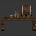 Wooden Bench With Cloth Featuring Wooden Barrel Silver Metal Hoops Small Bottles And Jar
