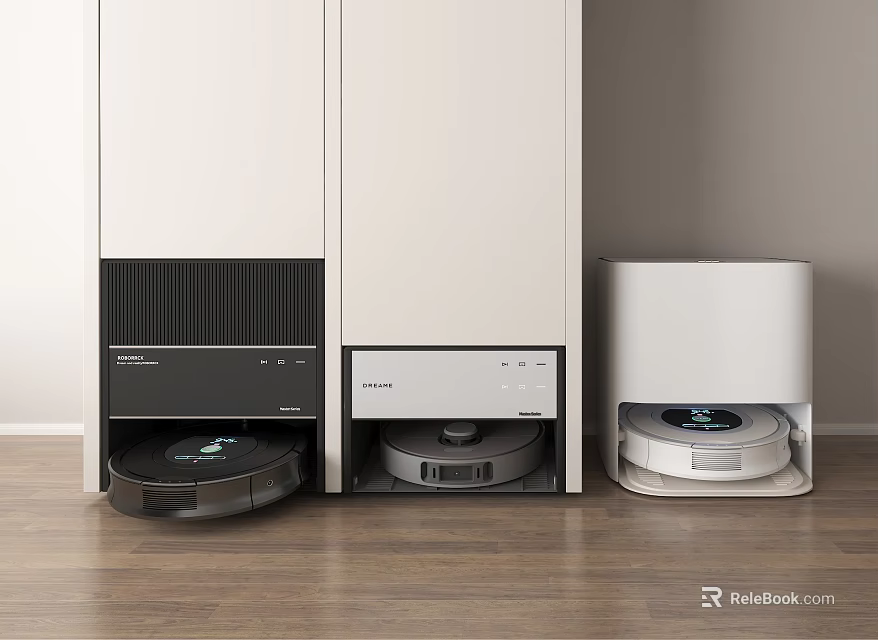 Smart Robot Vacuums Parked Beside White Cabinet For Efficient Home Cleaning 3d model 