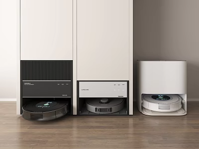 Smart Robot Vacuums Parked Beside White Cabinet For Efficient Home Cleaning 3d model
