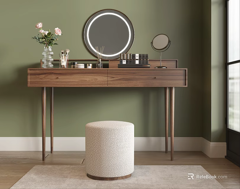 Elegant Walnut Dressing Table With Round Mirror Pink Flowers And Beige Stool 3d model 