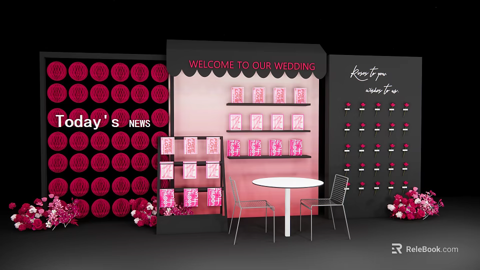 Wedding Welcome Area With Display Shelves Table Chairs And Pink Black Decor 3d model 