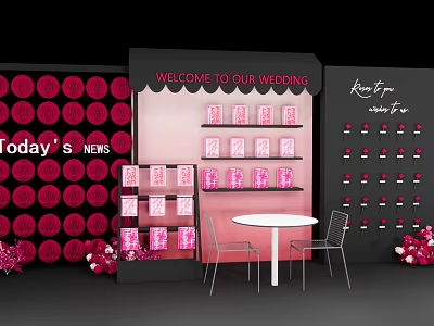 Wedding Welcome Area With Display Shelves Table Chairs And Pink Black Decor 3d model
