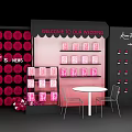 Wedding Welcome Area With Display Shelves Table Chairs And Pink Black Decor