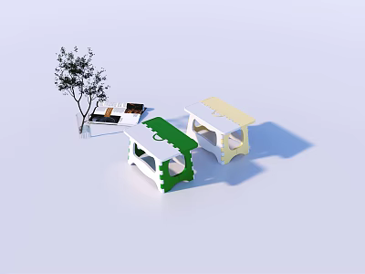 Colorful Green And Yellow Stools With Small Tree And Books On White Surface 3d model