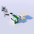 Colorful Green And Yellow Stools With Small Tree And Books On White Surface