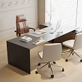 Modern Black Office Desk with Computer Documents Plant Two White Chairs and Brown Chair
