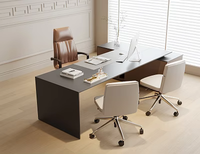 Modern Black Office Desk with Computer Documents Plant Two White Chairs and Brown Chair 3d model