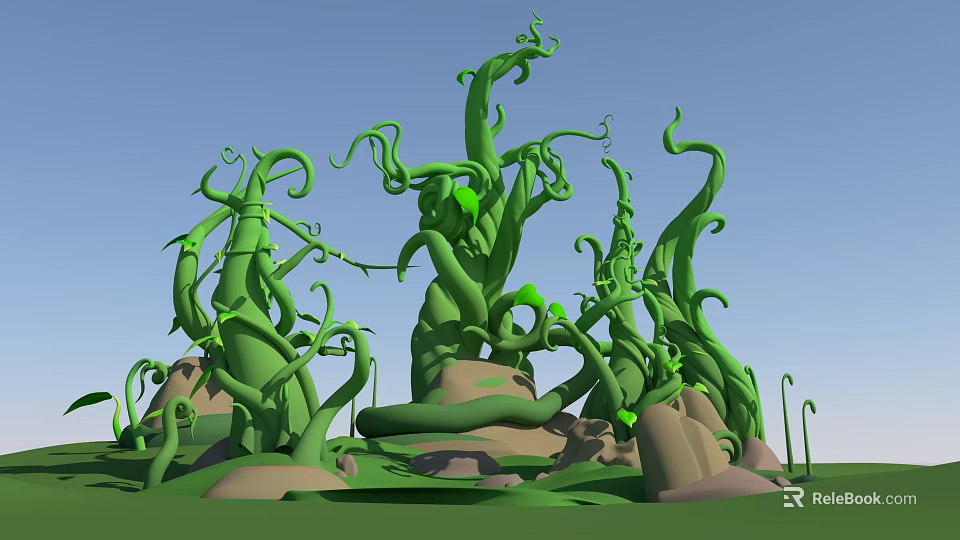 Lush Green Twisted Vines Growing Around Stone Rocks Under Blue Sky 3d model 