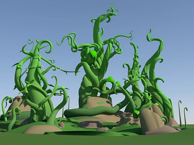 Lush Green Twisted Vines Growing Around Stone Rocks Under Blue Sky 3d model