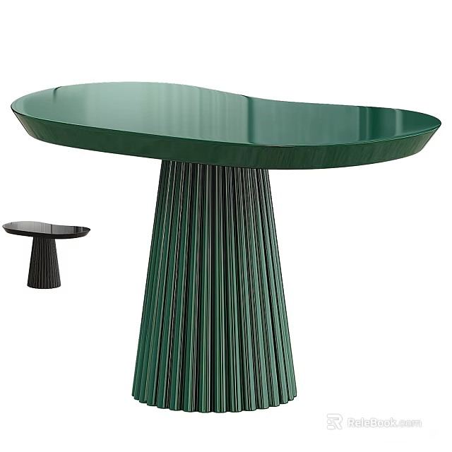 Stylish Green Round Dining Table Set With Ribbed Leg And Matching Small Black Side Table 3d model 