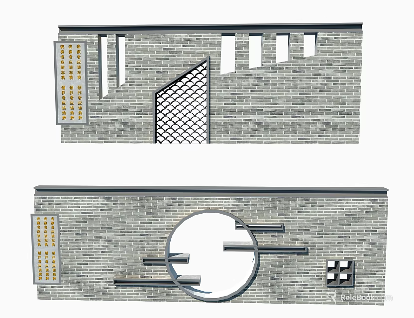 Traditional Brick Feature Wall with Circular Opening and Grid Pattern Design 3d model
