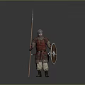 Medieval Armored Warrior Holding Spear And Shield Standing On Grey Background 3d model