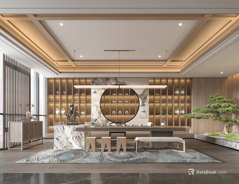 Modern Tea Room Interior With Circular Decor Marble Countertop Wooden Shelves And Potted Pine 3d model 