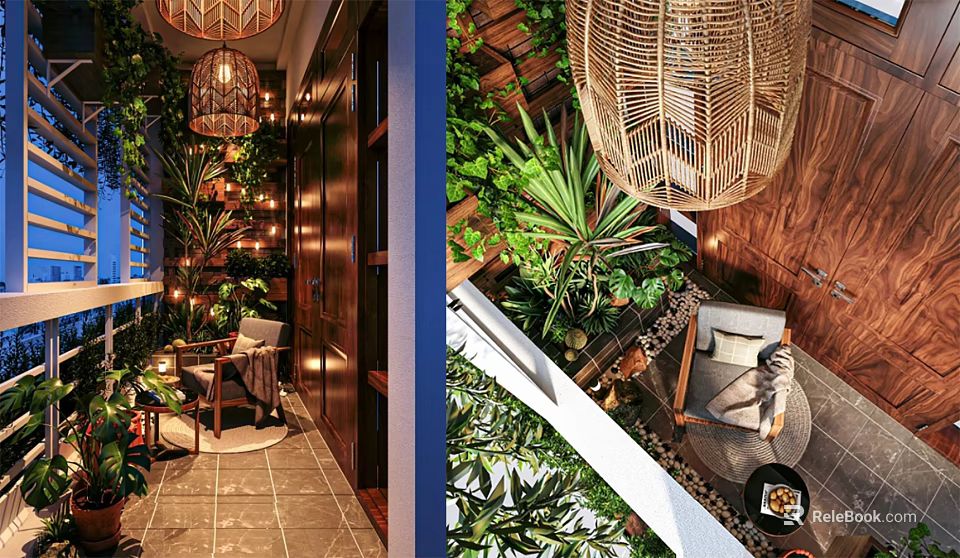 Luxurious Villa Balcony With Lush Green Plants Rattan Pendant Lights And Wooden Accents 3d model 