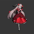 Anime Game Character With Pink Long Hair Red Black Dress And White Pom Pom Decorations