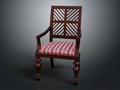 Wooden Leisure Chair with Lattice Back Design Armrests and Pink White Striped Cushion 3d model