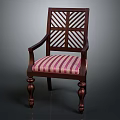 Wooden Leisure Chair with Lattice Back Design Armrests and Pink White Striped Cushion